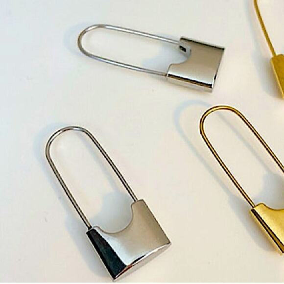 Silver Lock Safety Pin Earrings, Minimalist, Dainty, Gift For Teenager - Picture 7 of 9